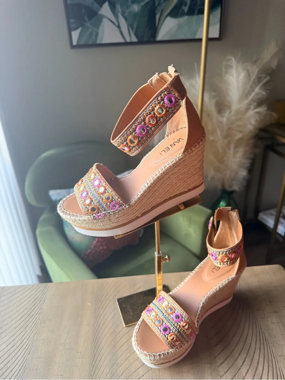 Van Eli Embellished Espadrille Wedge Sandals Ankle Strap Size 6.5M